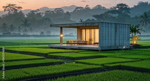 Simple Concrete Bungalow Facing Rice Fields At Dawn