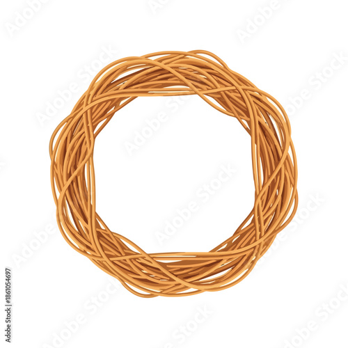 A circular arrangement of intertwined strands of spaghetti on a plain white background. Perfect for food blogs, recipe websites, culinary magazines.