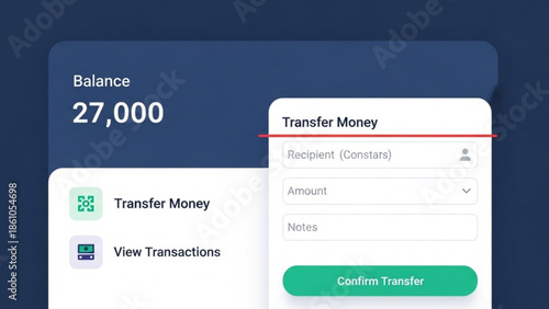 Online banking transfer interface with recipient field, amount input, and confirm button on screen