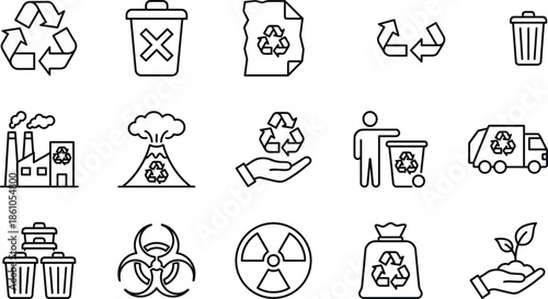 Waste management and recycling line icons set featuring trash pollution disposal symbols outline illustration for environmental safety concepts