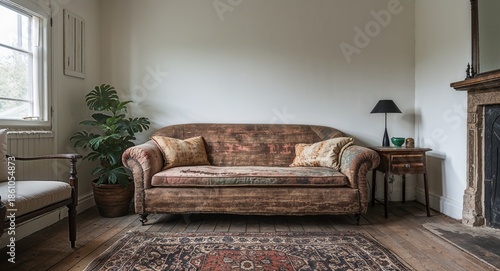 Small Living Room With Worn Fabric Sofa And Plain White Walls