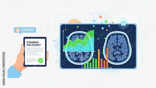 Ai medical diagnosis concept with brain scans and smartphone displaying high accuracy report on white background with graphs