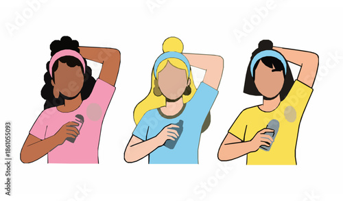 Flat cartoon women using deodorant underarm care vector illustration isolated on white