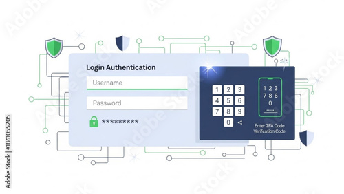 Secure login authentication process with username password and 2fa verification code on digital interface with circuit board background
