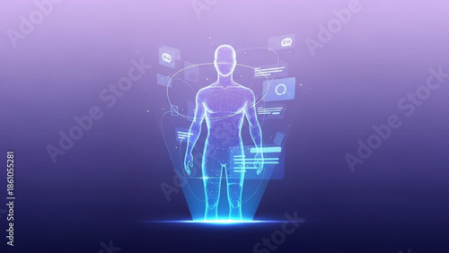 Glowing blue human body with digital interface and futuristic technology elements surrounding it on a purple background