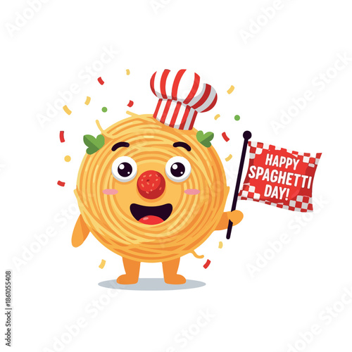 A cheerful cartoon spaghetti character wearing a chef's hat and holding a 'Happy Spaghetti Day!' flag, surrounded by colorful confetti. Perfect for food blogs, social media posts, and