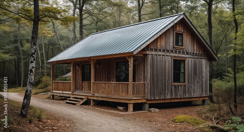 Weathered Wood Cabin With Metal Roof Facing Forest Trail