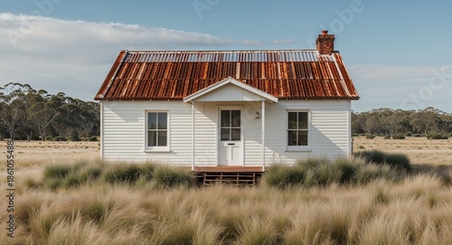 White Weatherboard House With Rusty Roof In Open Grassland