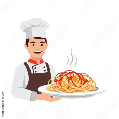 A cheerful chef in a white hat and brown apron holding a plate of steaming spaghetti. Perfect for restaurants, food blogs, and culinary advertisements.
