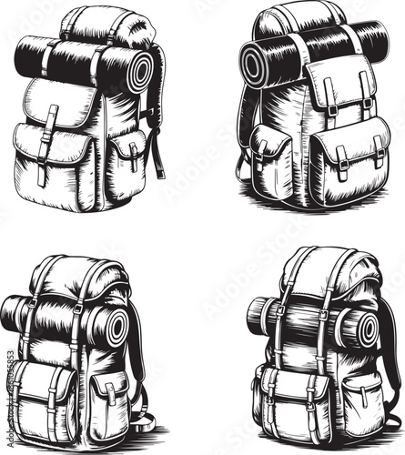 Set of four detailed antique camping rucksacks with rolled mat and buckles in different views