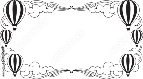 Retro hot air balloon border frame with ornate swirls and clouds vintage travel template