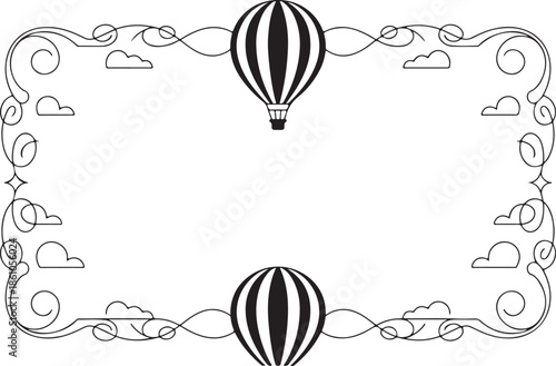 Ornate hot air balloon border frame with decorative swirls and clouds vintage adventure template