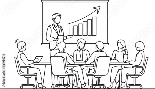 Corporate Meeting The setting and attire of the individuals clearly depict a formal or corporate business meeting scenario.