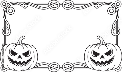 Spooky halloween border with carved jack o lantern pumpkins and ornate swirling gothic frame element