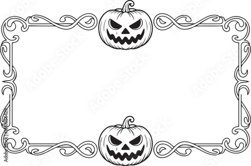 Scary pumpkin lantern border with elegant scrollwork patterns for halloween invitation background