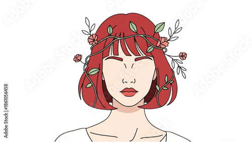 A serene illustration of a woman adorned with flowers in her red hair, showcasing elegance and beauty