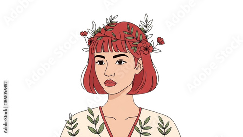 Illustration of a red-haired woman wearing a floral crown and a leafy top
