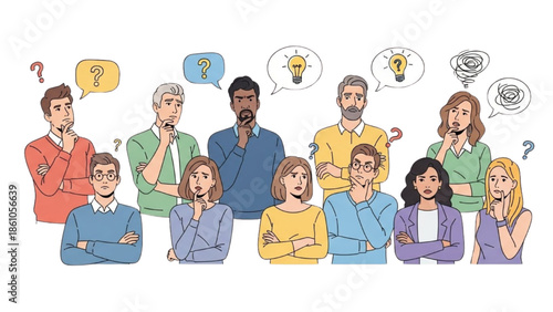 Diverse group of people engaged in discussion with thought bubbles above their heads