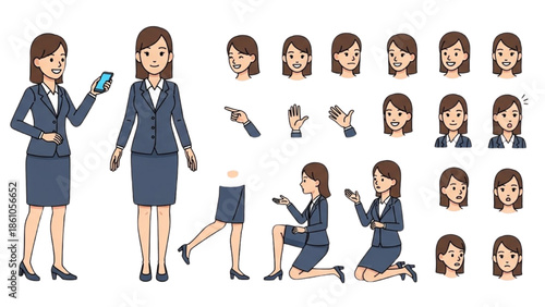 Illustration of a businesswoman in various poses and facial expressions showcasing different actions and emotions