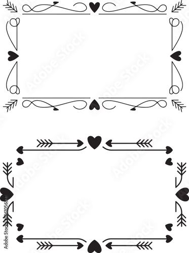Decorative hand drawn frames featuring hearts and arrows for love themed stationery and card crafts