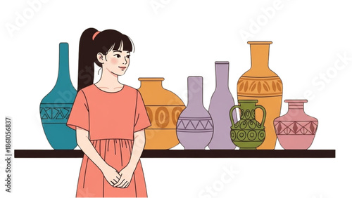 Young girl standing beside a collection of colorful vases on a shelf