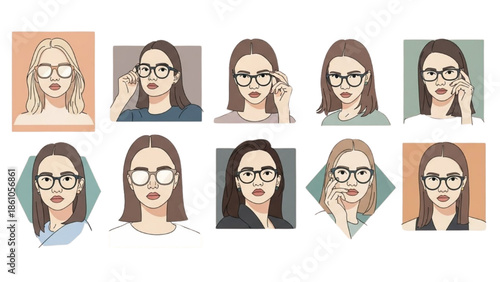 A diverse group of women wearing glasses in various styles and settings