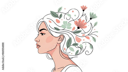 A serene woman's profile with floral elements intertwined in her hair, showcasing elegance and nature's beauty