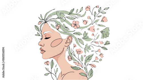 Serene female face surrounded by lush foliage and delicate flowers in a peaceful illustration