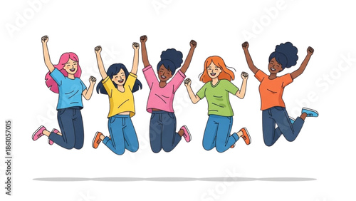 Group of diverse young women jumping in the air with arms raised in celebration outdoors on a white background