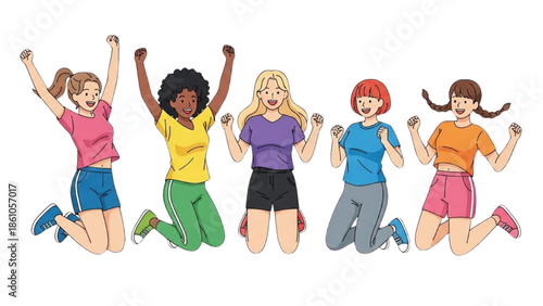 Group of diverse young women jumping in unison with joyful expressions outdoors