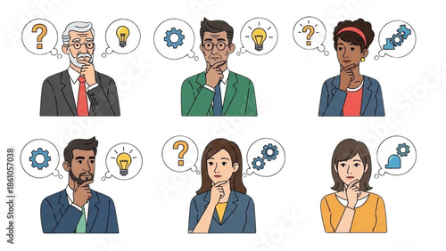 Diverse professionals contemplating ideas and solutions in a collaborative environment