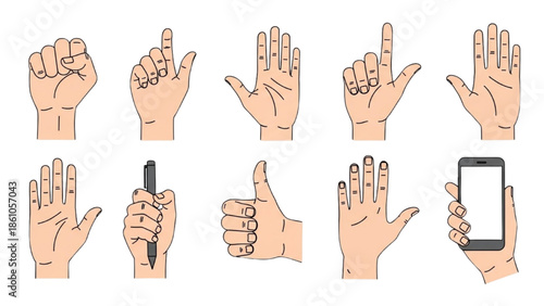 Various hand gestures and actions depicted in a set of illustrations