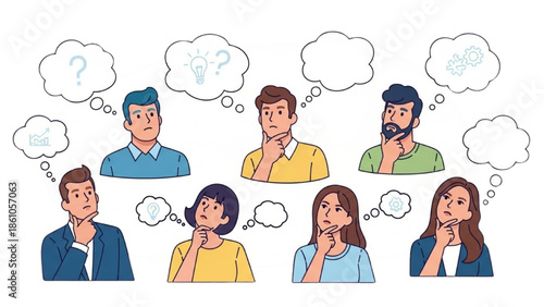 Group of people thinking with thought bubbles above their heads