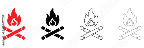 camp fire vector icon set, flames with fireplace symbol, camping fire vector, silhouette and line art