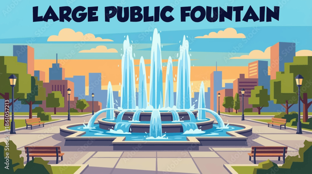 Obraz premium large public fountain features powerful vertical water jets arranged symmetrically, symbolizing civic design, urban planning, and dynamic movement within an open architectural space