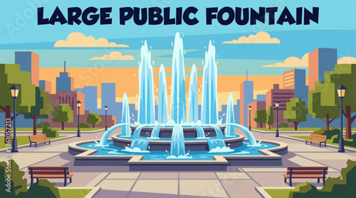 large public fountain features powerful vertical water jets arranged symmetrically, symbolizing civic design, urban planning, and dynamic movement within an open architectural space