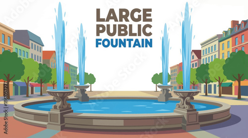 large public fountain features powerful vertical water jets arranged symmetrically, symbolizing civic design, urban planning, and dynamic movement within an open architectural space