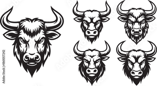 Bull head mascot set with various horn styles angry ox silhouette collection powerful cattle emblem