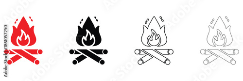 camp fire vector icon set, flames with fireplace symbol, camping fire vector, silhouette and line art