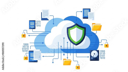 Cloud computing security concept with shield, lock icons, and data flow, representing online protection and encrypted information storage