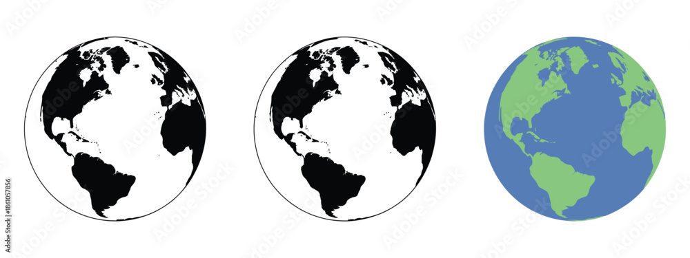 Fototapeta premium Earth Globe Vector Illustration, planet Earth vector design in multiple styles, flat and 3D visuals, world mapping graphics, global travel icons, and digital illustration assets.