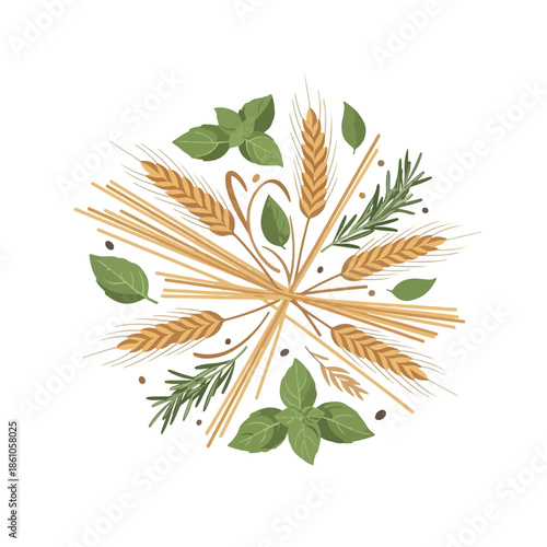 A digital illustration of spaghetti, wheat, and herbs arranged in a circular pattern on a white background. Perfect for food blogs, recipe websites, and culinary marketing materials.