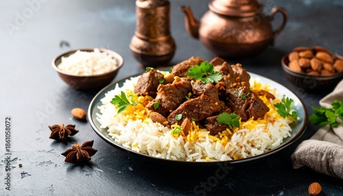 Delicious Lamb Biryani Served with Basmati Rice and Garnished with Fresh Parsley.