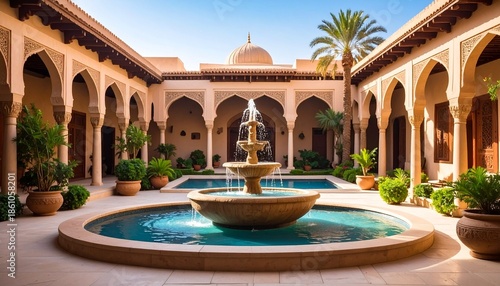 Stunning Moroccan Riad Courtyard with Ornate Fountain and Lush Greenery.