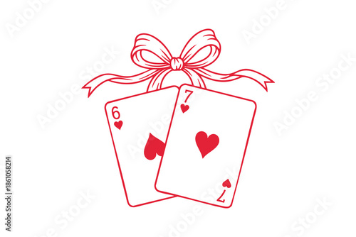 Coquette Style Playing Cards with Hearts Suit and Ribbon Bow Sketch T Shirt Design