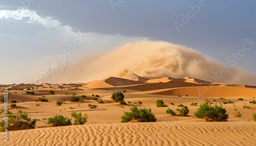 Dramatic Sandstorm Over Desert Dunes Under Cloudy Sky.