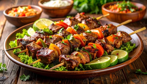 Delicious Grilled Meat Skewers with Vegetables and Lime Slices on a Wooden Table.