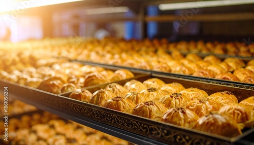 Freshly Baked Golden Pastries Displayed on Shelves in a Bakery.