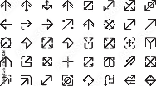 Navigation Glyphs The collection is a set of glyphs or pictograms used to guide user movement and direction within a digital interface.