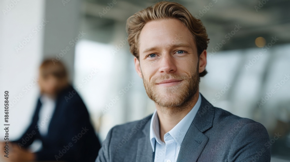 Fototapeta premium Close-up portrait of a young man with blonde hair and a beard. he is wearing a grey suit and a light blue shirt. he has a slight smile on his face and is looking directly at the camera.